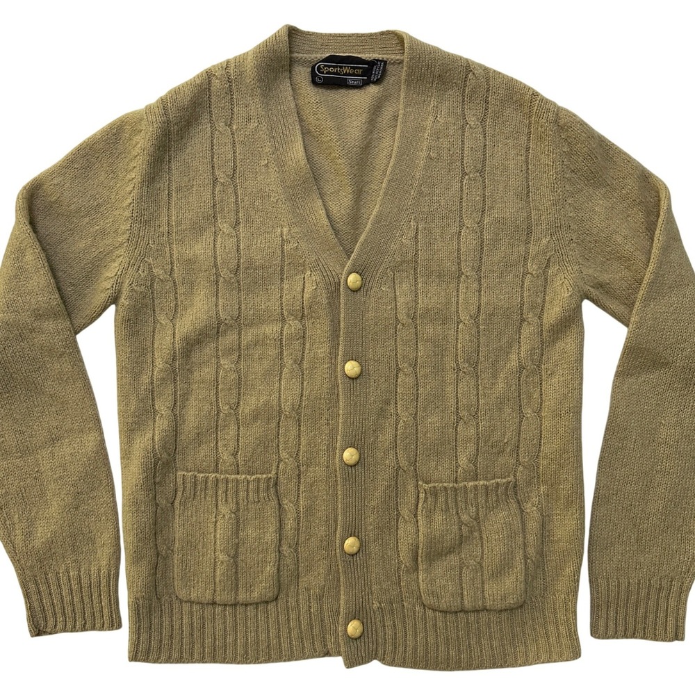 VTG Sears Sportswear Cable Knit Cardigan L Tan Wool Blend Academia Grandpa Cabin